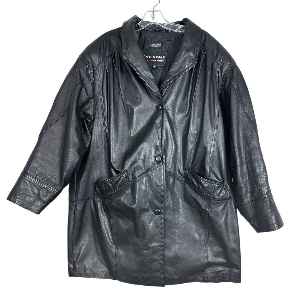 Vintage Wilson Black Leather Jacket Women XL Thinsulate Button Up Coat
